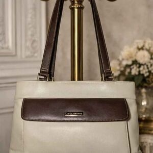 Liz Claiborne Vintage Shoulder Bag Cream Brown Multi Compartment Handbag